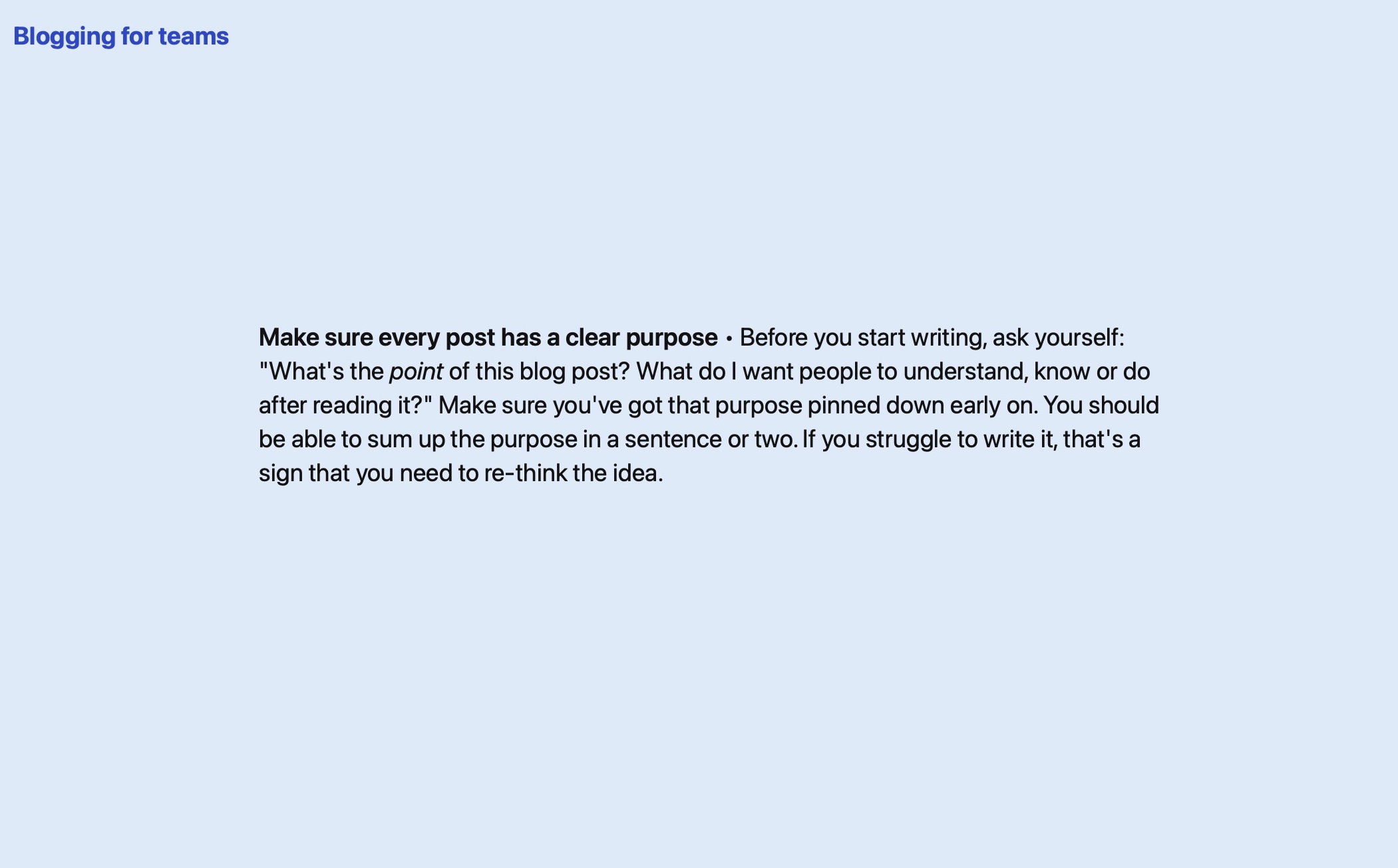 A screenshot of one of the pages on Blogging for teams