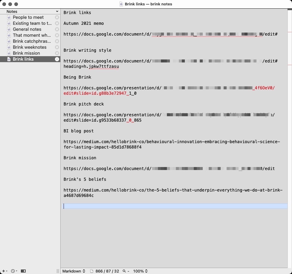 Screenshot of some of my Brink notes in BBedit